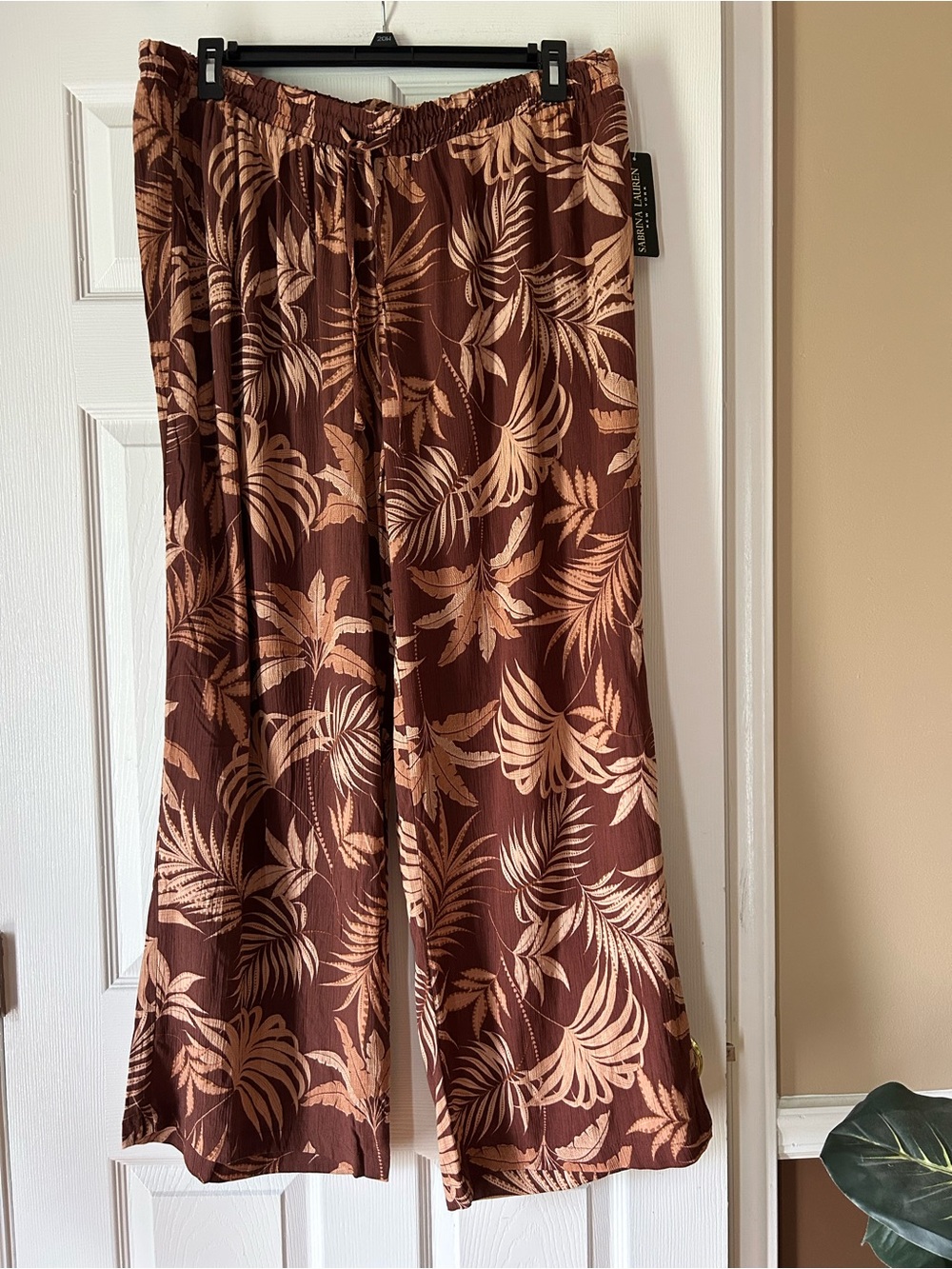 Sabrina Lauren Brown Tropical Print Pull-On Wide-leg Palazzo Pants ~ Sizes